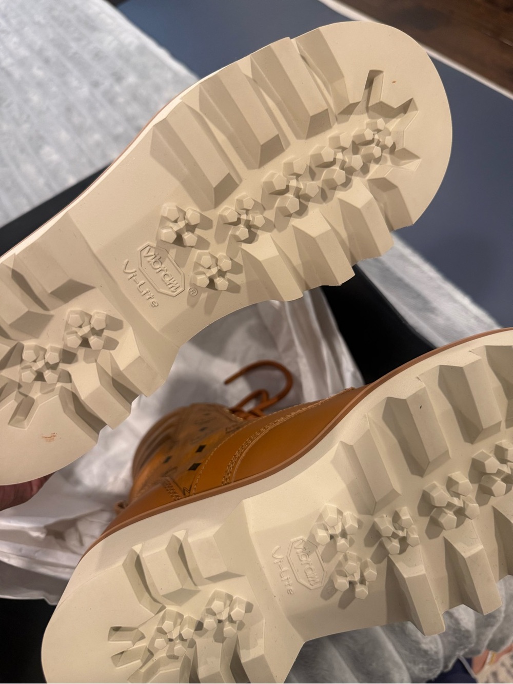 **Brand New** MCM Cognac Monogram Lace-Up Lug Boots with Cream Sole. - Picture 5 of 7